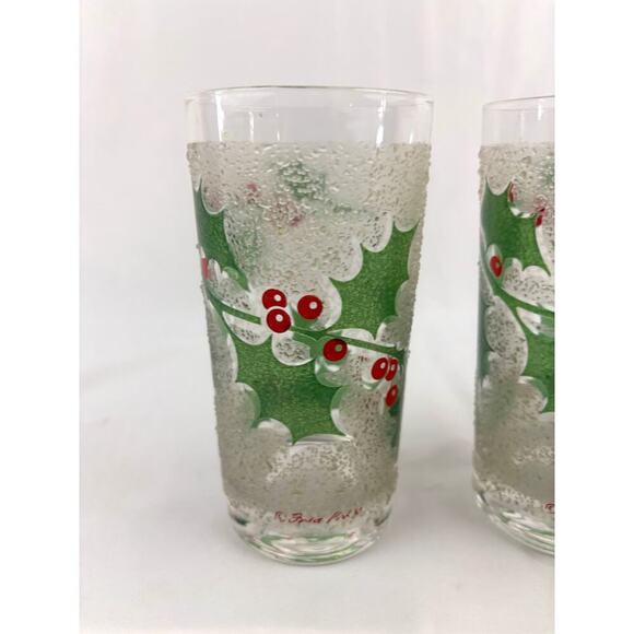 VTG Fred Press Holiday Ice Frosted Holly Leaves & Berries Glasses Set of 3 MCM - Picture 5 of 13
